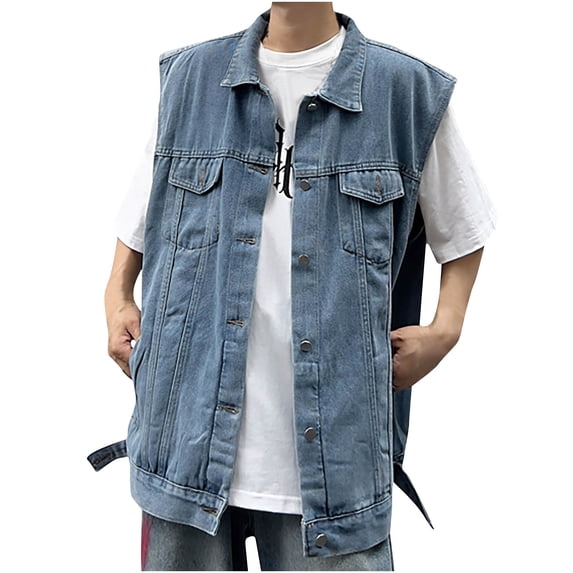 RYDCOT Men's Oversized Denim Jean Vest Mid Long Motorcycle Jean Vest Button Down Sleeveless Jackets Waistcoat Shacket Jacket Size M-5XL Light Blue