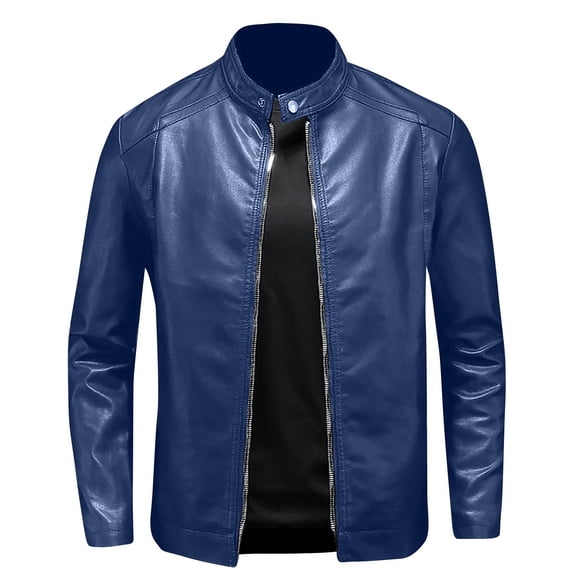 RYDCOT Men's PU Leather Jackets, Capless Jacket for Men Motorcycle Fation Stand up Collar Zip-up Slim Fit Coat Blue