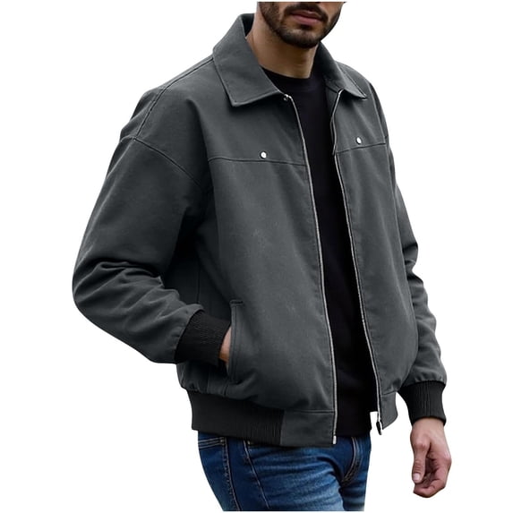 RYDCOT Men's PU Leather Jackets, Capless Jacket for Men Motorcycle Retro Lapel Zip-up Slim Fit Coat Dark Gray