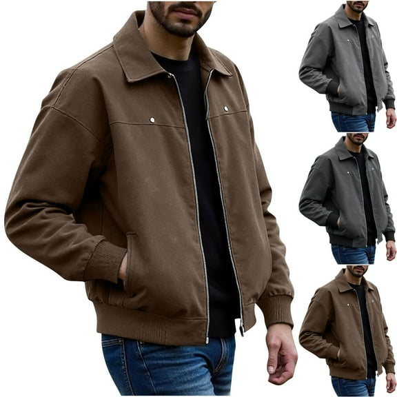 RYDCOT Men's PU Leather Jackets, Capless Jacket for Men Motorcycle Retro Lapel Zip-up Slim Fit Coat Gray