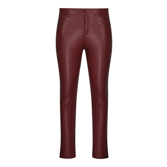 RYDCOT Men's PU Leather Pants Slim Fit Stretch Casual Motorcycle Biker Pants Punk Retro Pants Wine