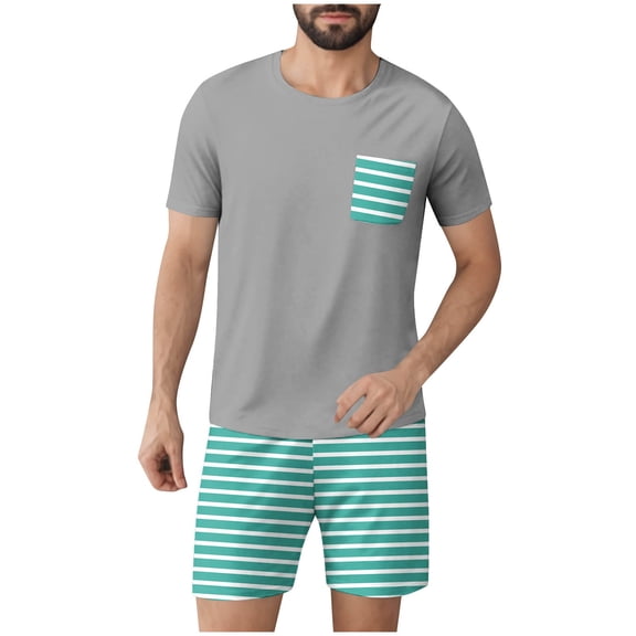 RYDCOT Men's Pajama Set Cotton Pajamas Striped Short Sleeve Top & Shorts Pjs Sets Sleepwear Summer Lounge Set with Pockets Green