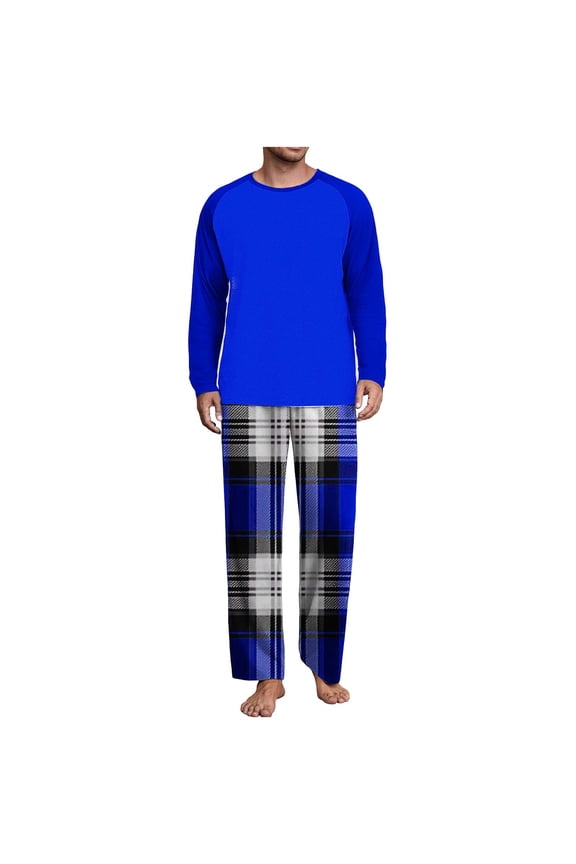 Men’s Pajama Set Pajamas for Men 2 Piece PJ Set with Cotton Knit Men Pajama Pants and Long Sleeve T-Shirt Blue