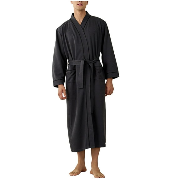 RYDCOT Men's Pajamas Set Waffle Lounge Pajamas Set Long Sleeve Casual and Fashionable Solid Color Pajama Robe Dark Gray