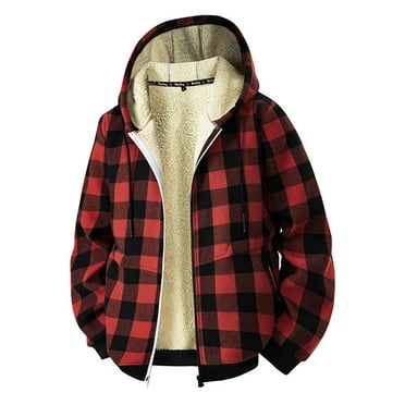 RYDCOT Men's Plaid Hooded Jacket Plaid Long Sleeved Lapel Zipper Cotton Cardigan Warm Shirt Jacket Red