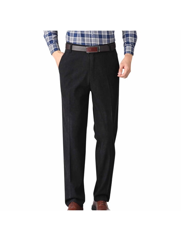 Men's Pleated Front Corduroy Pants Casual Fit Straight Leg Suit Pant with Pocket Black