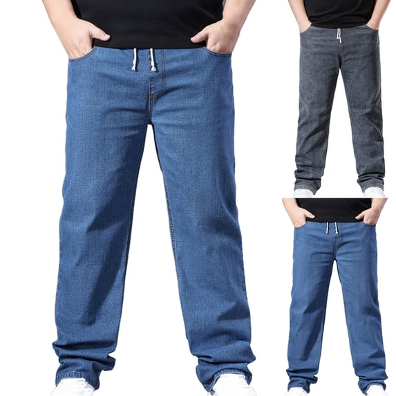 RYDCOT Men's Plus Size Elastic Waist Drawstring Jeans, Business Casual Stretch Wide Straight Leg Denim Pants, XL-5XL Light Blue