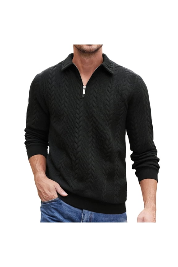 Men's Polo Shirt Quarter Zip Tops Solid Casual Geometric Texture Long Sleeve Sweaters Pullover Golf Sweatshirts Black