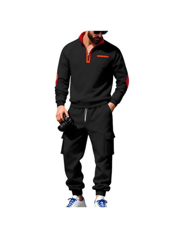 Men's Polo Sweatsuit Sets 1/4 Zip Fashion Casual Tracksuits Jogging Long Sleeve Polo Suit for Men Fleece Lined 2 Piece Set Black