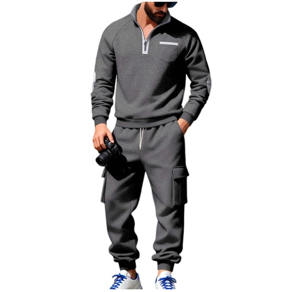 RYDCOT Men's Polo Sweatsuit Sets 1/4 Zip Fashion Casual Tracksuits Jogging Long Sleeve Polo Suit for Men Fleece Lined 2 Piece Set Dark Gray