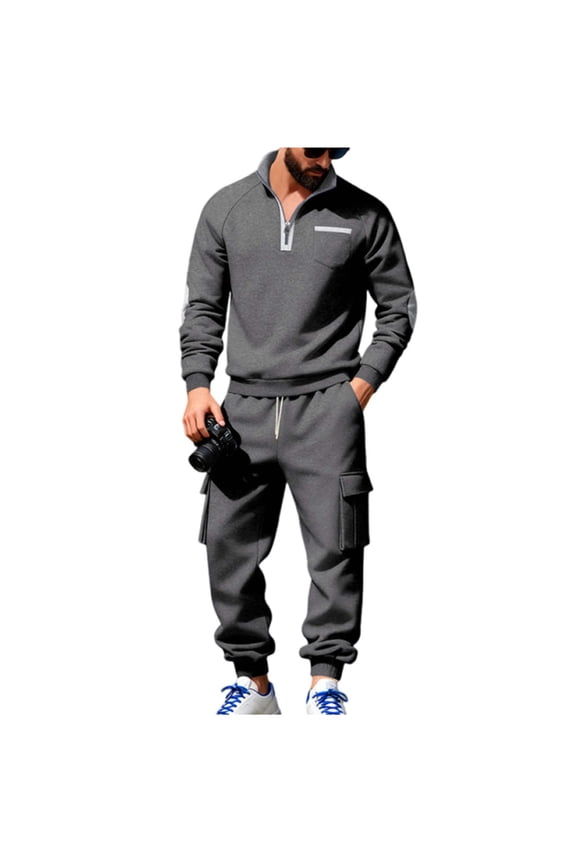 Men's Polo Sweatsuit Sets 1/4 Zip Fashion Casual Tracksuits Jogging Long Sleeve Polo Suit for Men Fleece Lined 2 Piece Set Dark Gray