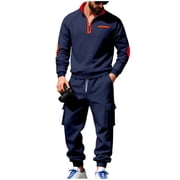 RYDCOT Mens Polo Sweatsuit Sets 1/4 Zip Fashion Casual Tracksuits Jogging Long Sleeve Polo Suit for Men Fleece Lined 2 Piece Set Navy