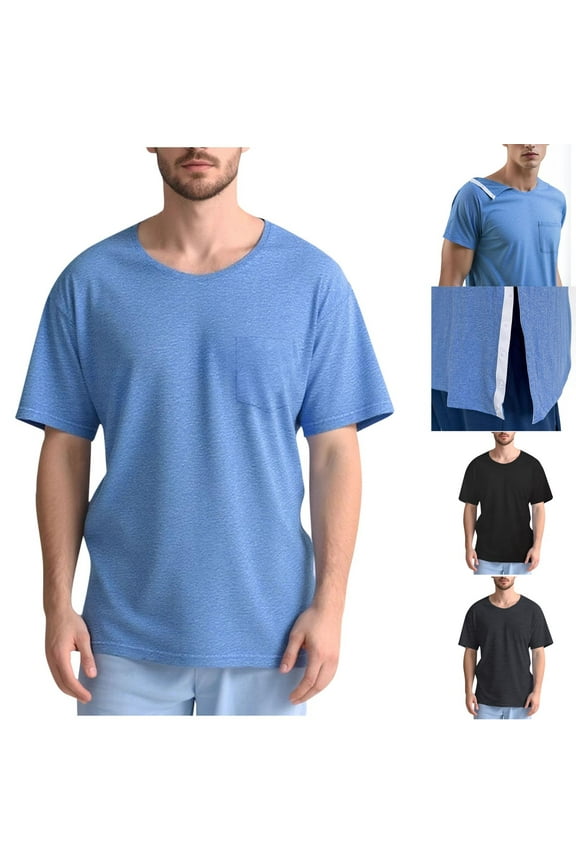 Men's Post Shoulder Surgery Shirts Recovery Tear Away Short Sleeve Full Open Side Snap Adaptive Chemo Clothing with Pocket Dark Gray