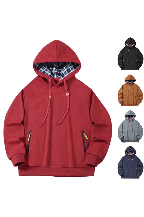 Men's Pullover Hoodie Thick Sherpa Lined Zipper Pocket Winter Windproof Warm Fleece Hoodie Athletic Sweatshirts Red
