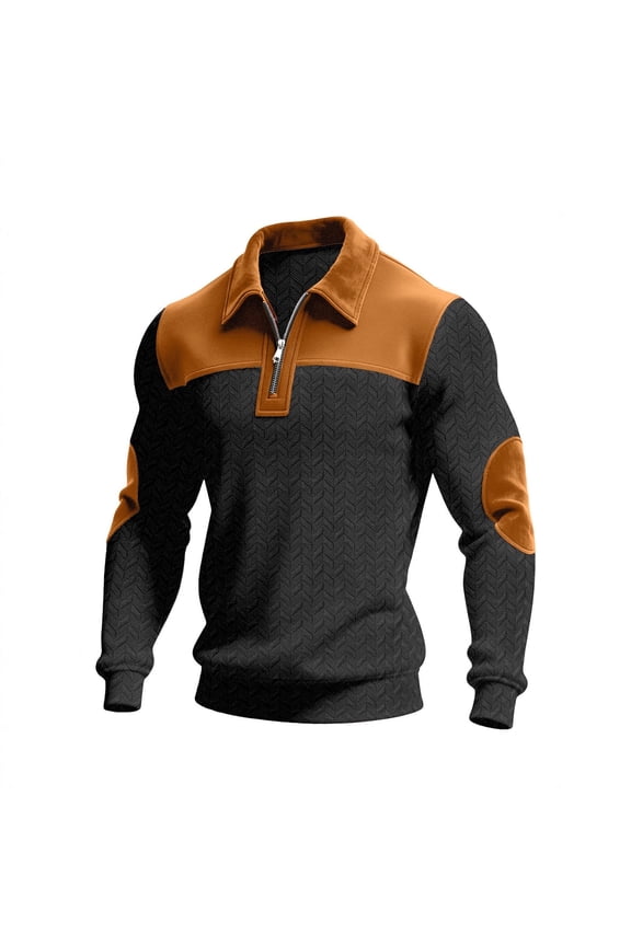 Men's Quarter Zip Pullover Quilted Sweatshirt Pullover Long Sleeve Polo Sweater Color Block Faux Suede Leather Sweatshirt Black