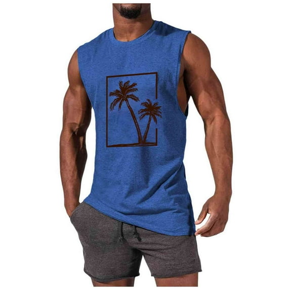 RYDCOT Men's Quick Dry Workout Cotton Tank Top Gym Muscle Tee Fitness Bodybuilding Palm Tree Print Sleeveless T Shirt Blue