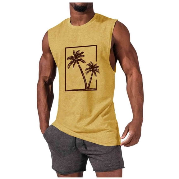 RYDCOT Men's Quick Dry Workout Cotton Tank Top Gym Muscle Tee Fitness Bodybuilding Palm Tree Print Sleeveless T Shirt Yellow