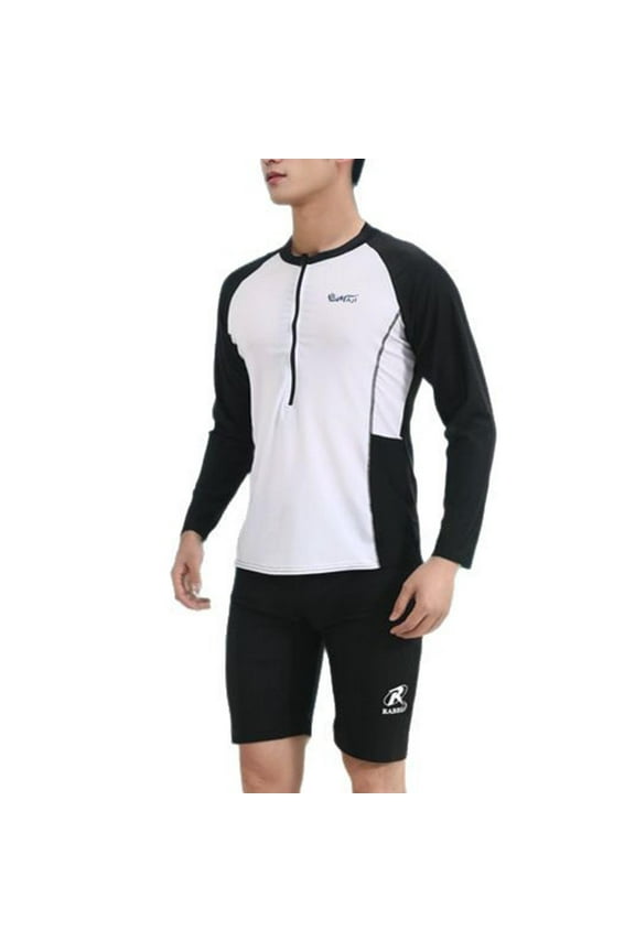 Men's Rash Guard 2 Piece Swimsuit UPF 50 Long Sleeve 1/2 Zipper Color Block Swim Shirt Top with Shorts Surfing Swimming Black