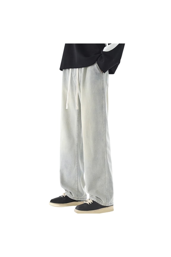 Men's Regular Fit Straight Leg Jeans Casual Drawstring Elastic Waist Denim Pants with Pocket Beige