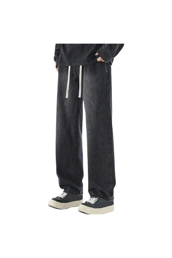 Men's Regular Fit Straight Leg Jeans Casual Drawstring Elastic Waist Denim Pants with Pocket Black