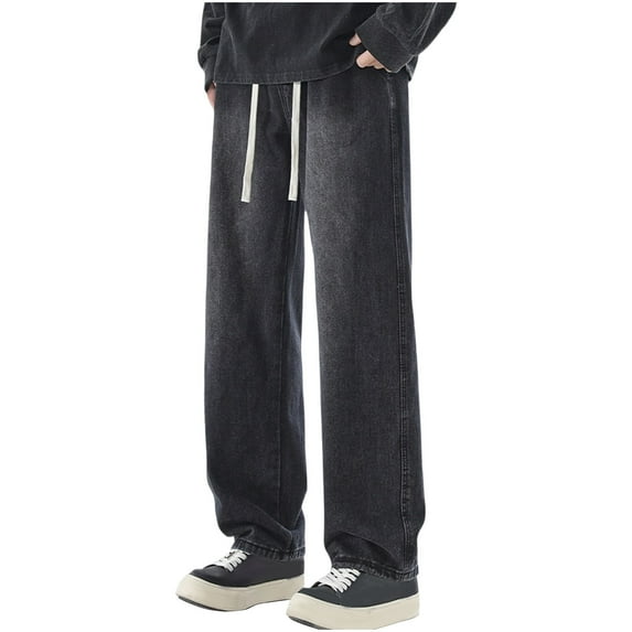 RYDCOT Men's Regular Fit Straight Leg Jeans Casual Drawstring Elastic Waist Denim Pants with Pocket Black