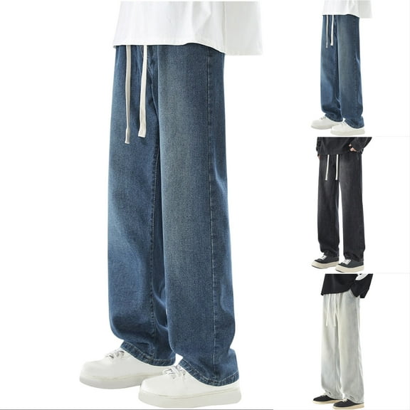 RYDCOT Men's Regular Fit Straight Leg Jeans Casual Drawstring Elastic Waist Denim Pants with Pocket Navy