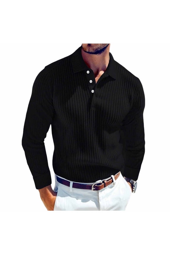 Men's Ribbed Knit Sweater Casual Long Sleeve Polo Sweater Collared V Neck Polo Shirts Solid Pullover Tops Black