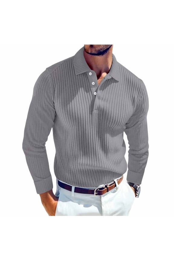 Men's Ribbed Knit Sweater Casual Long Sleeve Polo Sweater Collared V Neck Polo Shirts Solid Pullover Tops Gray
