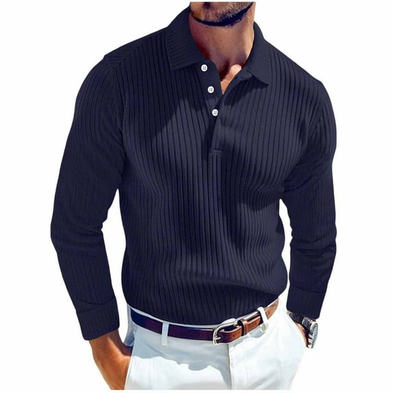 RYDCOT Men's Ribbed Knit Sweater Casual Long Sleeve Polo Sweater Collared V Neck Polo Shirts Solid Pullover Tops Navy