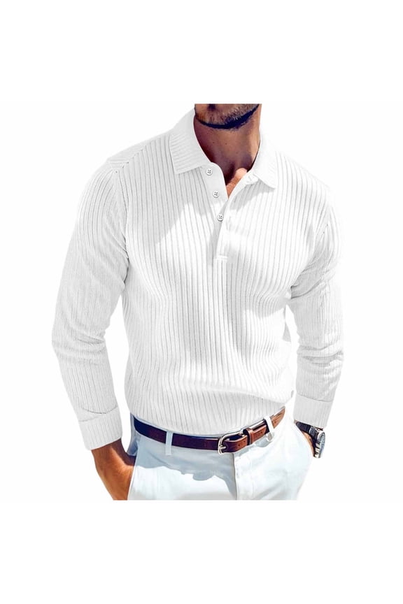 Men's Ribbed Knit Sweater Casual Long Sleeve Polo Sweater Collared V Neck Polo Shirts Solid Pullover Tops White