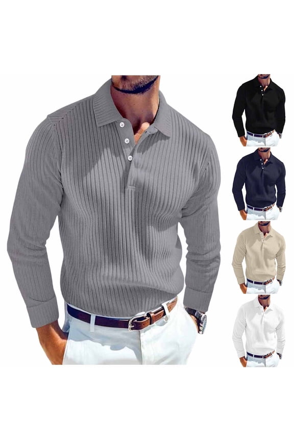 Men's Ribbed Knit Sweater Casual Long Sleeve Polo Sweater Collared V Neck Polo Shirts Solid Pullover Tops White