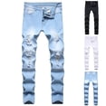thumbnail image 1 of RYDCOT Men's Ripped Distressed Destroyed Jeans Straight Fit Slim Fit Washed Skinny Denim Pants Light Blue, 1 of 4