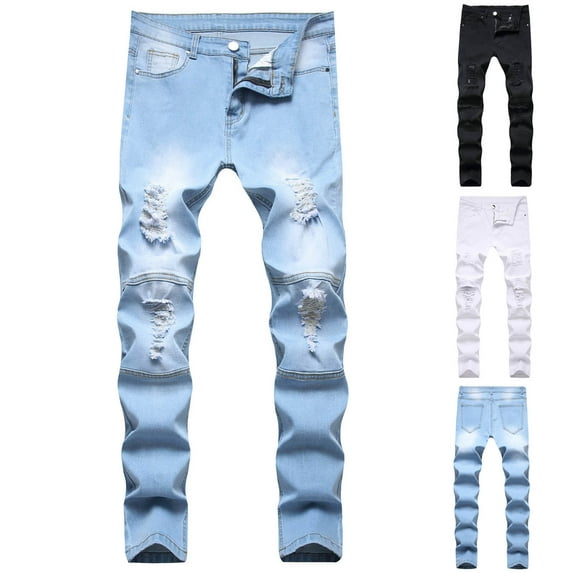 RYDCOT Men's Ripped Distressed Destroyed Jeans Straight Fit Slim Fit Washed Skinny Denim Pants Light Blue