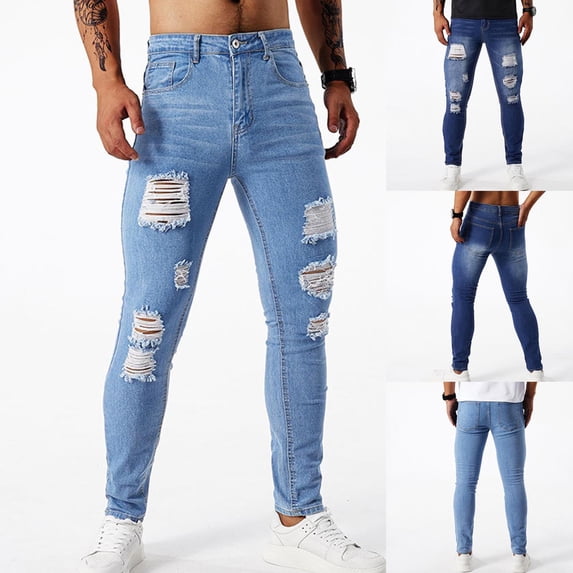 RYDCOT Men's Ripped Skinny Jeans Stretchy Slim Fit Jeans Washed Denim Pants for Men Light Blue