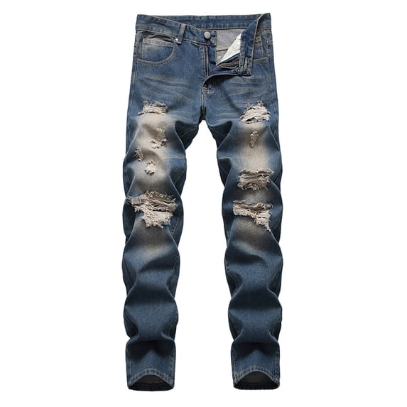 RYDCOT Men's Ripped Straight Slim Moto Biker Jeans Blue