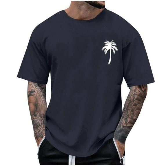 RYDCOT Men's Round Neck Short Sleeve Printed Tee Palm Tree Vintage Casual Cotton Shirt Hawaiian Summer Beach T Shirts Navy