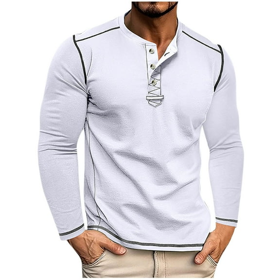 RYDCOT Men's Round Neck Sweatshirts Quarter Button Long Sleeved Top Solid Color Long Sleeve Casual Shirt White
