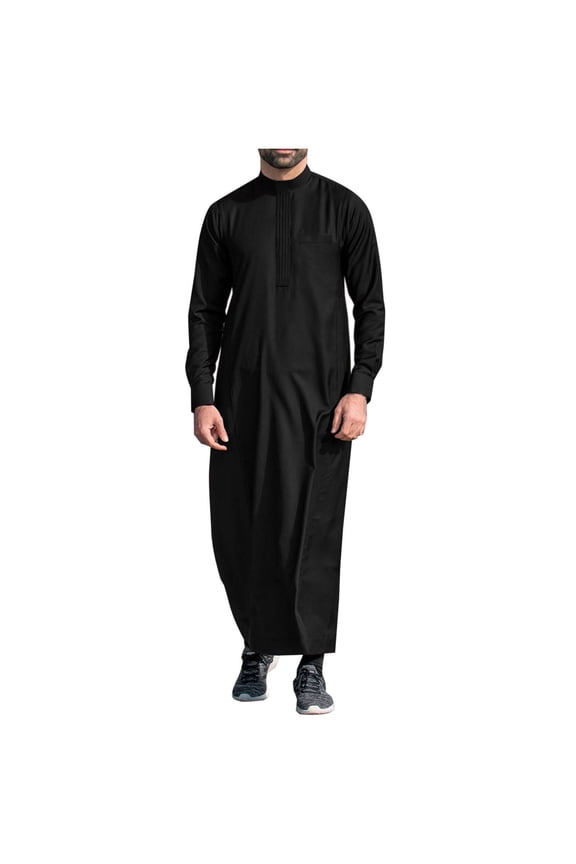 Men's Saudi Arabic Thobe Long Sleeve Robe Ramadan Muslim Dress Middle East Clothing Black