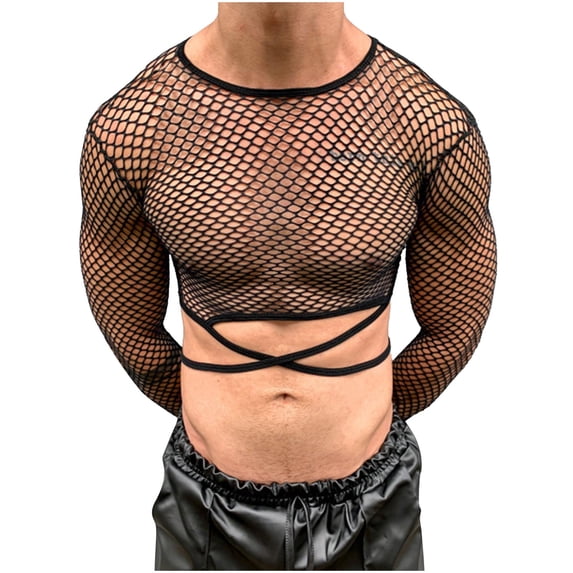 RYDCOT Men's See Through Fishnet Hollow Out Mesh Long Sleeve Sheer Crop Tops Party Club Top Black