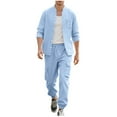 thumbnail image 1 of RYDCOT Men's Sets 2 Pieces Casual Button Down Cotton Linen Round Neck Shirt and Cargo Pants Set Beach Outfits Light Blue, 1 of 9