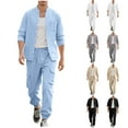 thumbnail image 1 of RYDCOT Men's Sets 2 Pieces Casual Button Down Cotton Linen Round Neck Shirt and Cargo Pants Set Beach Outfits White, 1 of 9