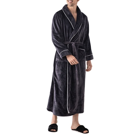 RYDCOT Men's Shawl Collar Solid Color Casual Daily Home Robe, Flannel Bathrobe Sleepwear Dark Gray