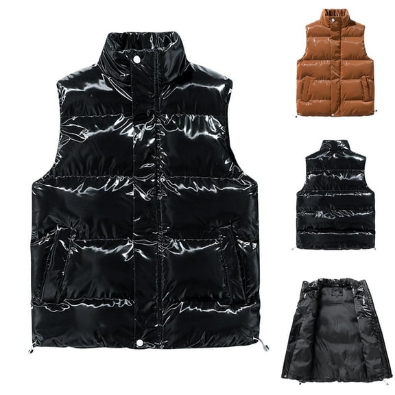 RYDCOT Men's Shiny Glossy Puffer Vest Cotton-Padded Sleeveless Quilted Jacket with Pockets Warm for Outdoor Winter Coffee