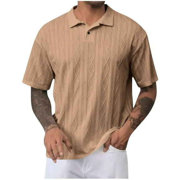 RYDCOT Men's Short Sleeve Button Down Shirts Knit Casual T Shirts for Men Vintage Cuban Shirt Striped Knitted Polo Shirts Brown