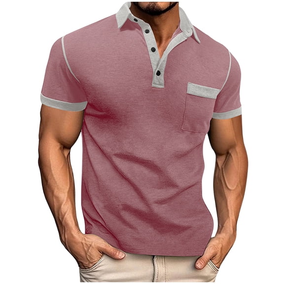 RYDCOT Men's Short Sleeve Shirts Casual Lapel Button T Shirt Classic Stylish Tee with Pocket Pink