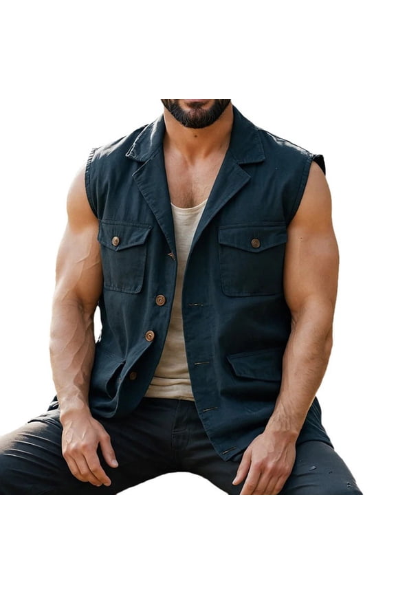 Men's Single Breasted Lightweight Fishing Sai Vest Travel Outdoor Work Sleeveless Jacket Linen Cargo Vests Military Shooting Clothing Navy