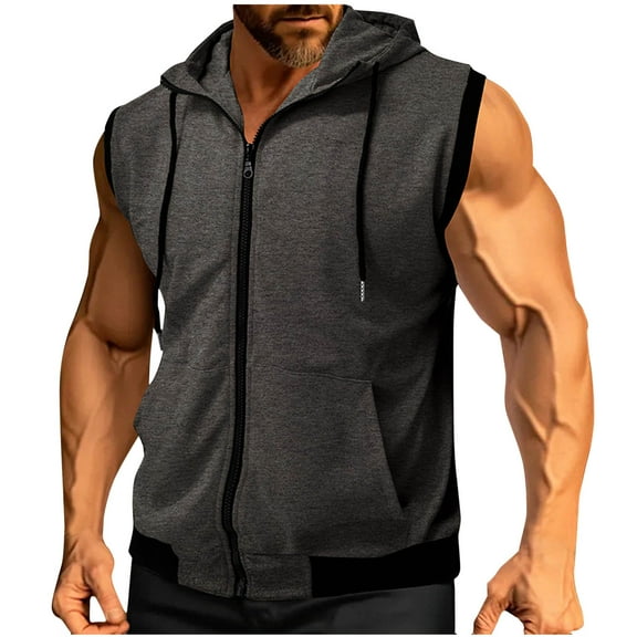 RYDCOT Men's Sleeveless Hoodie Casual Zip up Drawstring Tank Top Hooded Vests with Pocket Dark Gray