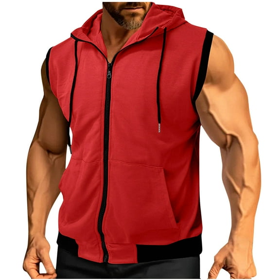 RYDCOT Men's Sleeveless Hoodie Casual Zip up Drawstring Tank Top Hooded Vests with Pocket Red