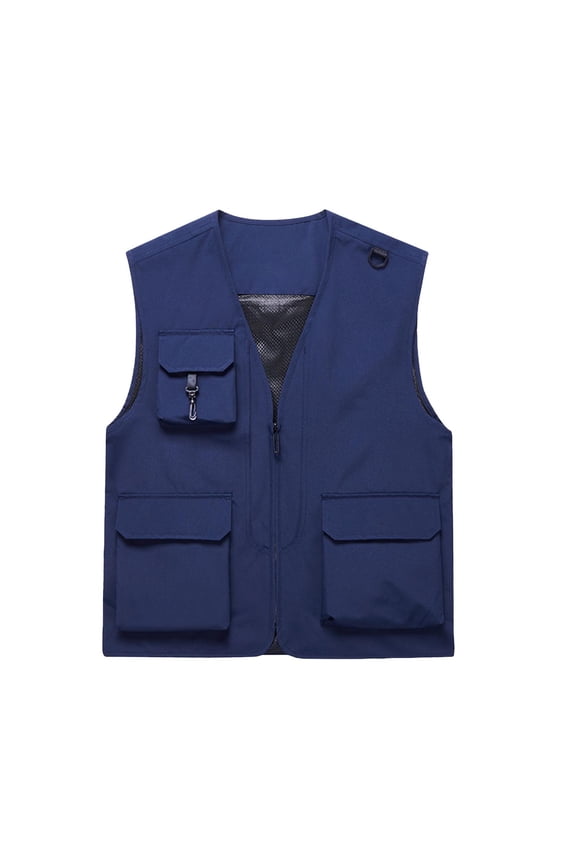 Men's Sleeveless V Neck Zip up Cargo Vest with Flap Pockets and Mesh Lining Sai Fishing Shooting Vest Coat Outerwear Blue