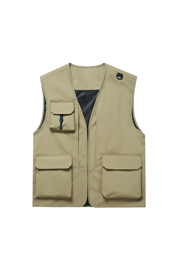 Men's Sleeveless V Neck Zip up Cargo Vest with Flap Pockets and Mesh Lining Sai Fishing Shooting Vest Coat Outerwear Khaki